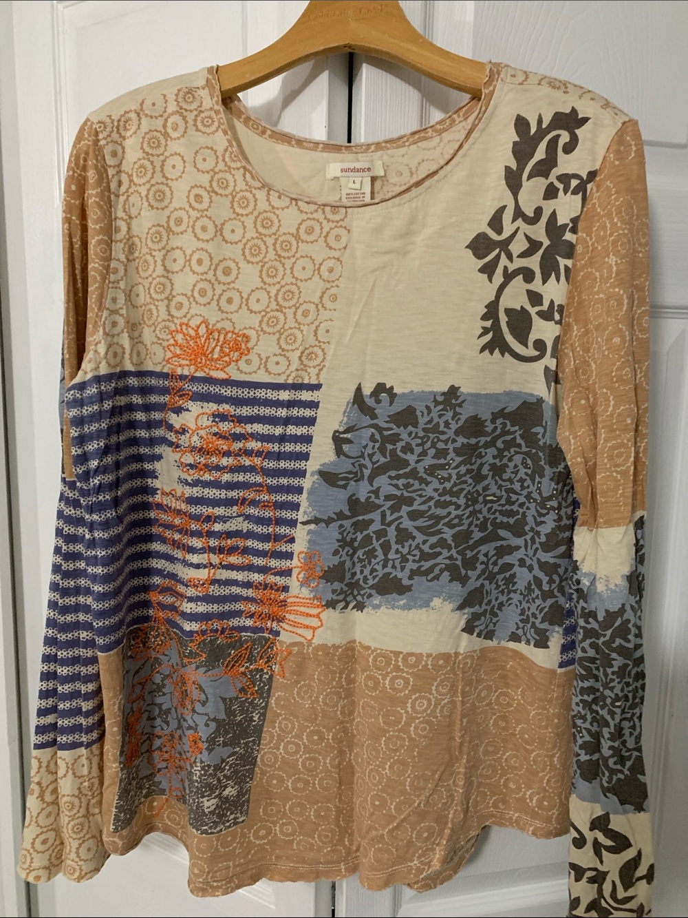 Sundance Neutral Multi Patchwork Long Sleeve Tee size L